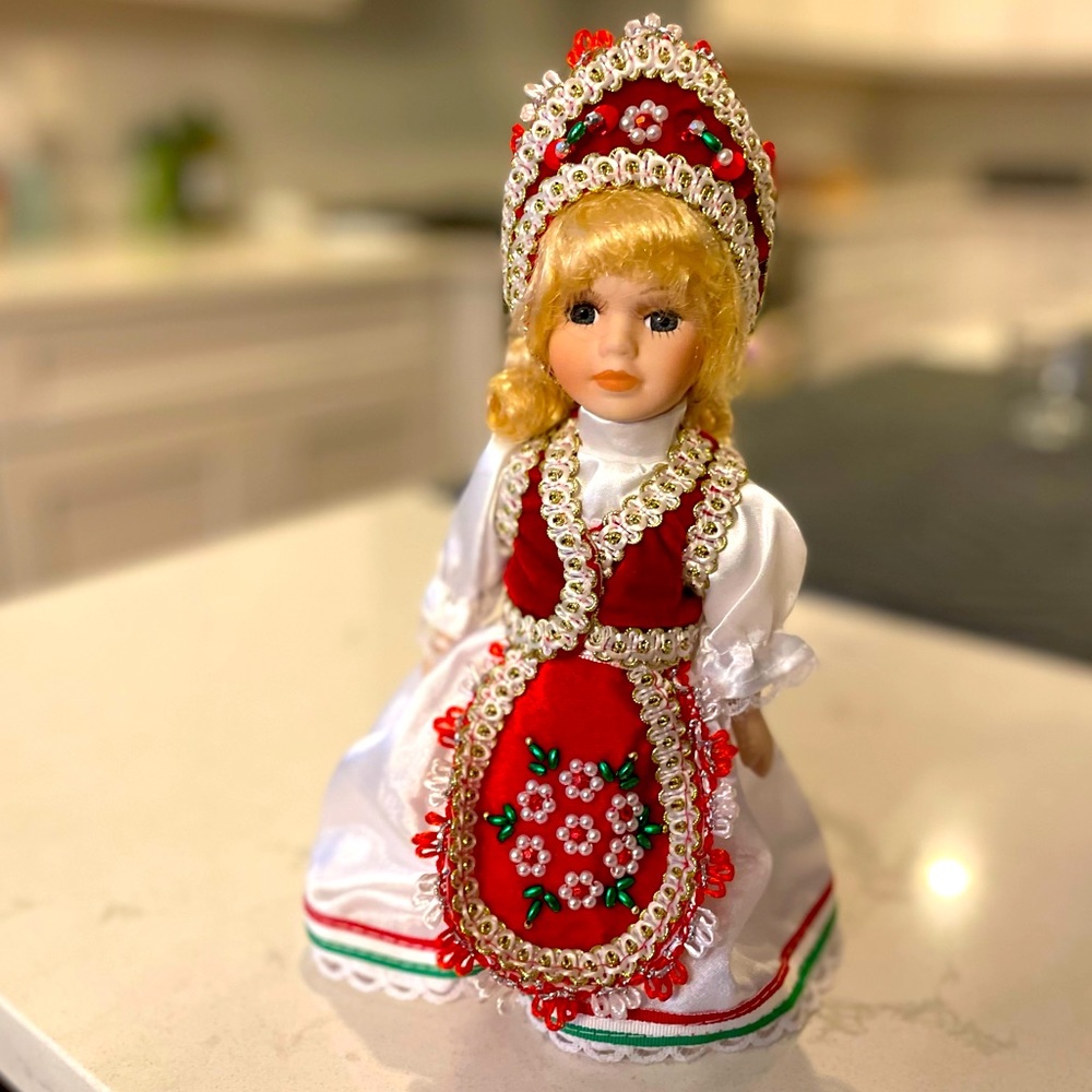 Festive German Collectible Doll With Stand